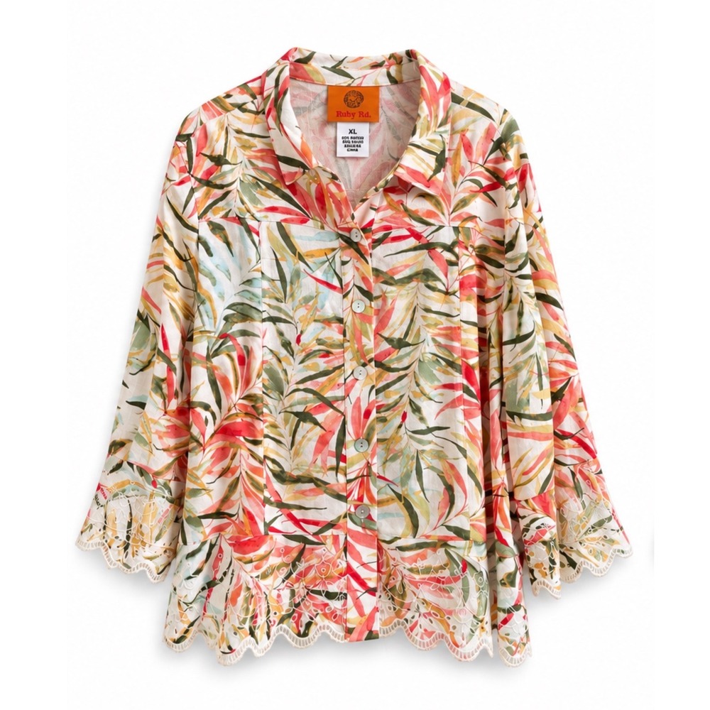 Ruby Rd XL Tropical Leaf Print Rayon Linen Embroidered Lace Trim Blouse Top